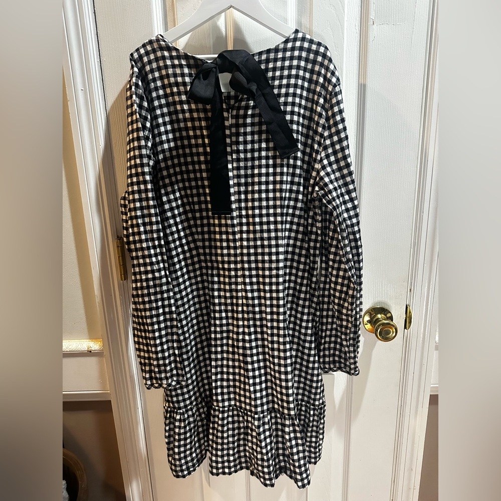 J Crew Black White Gingham Long Sleeve Knee Length Dress Bow Back Med - Picture 4 of 8